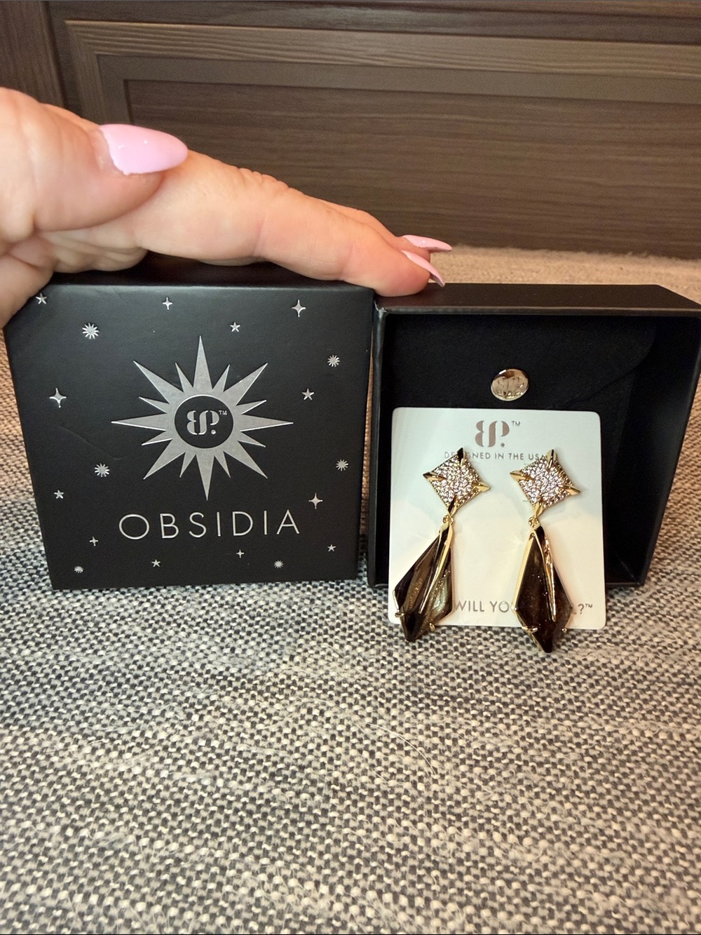 Bomb Party Obsidia Gold and Rutilated Quartz Drop Earrings